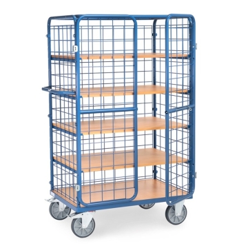 Fetra Etagenwagen mit 3 Böden, 3 Drahtgitterwänden, Dach und Flügeltüren, 600 kg Tragkraft, Höhe 1800 mm, RAL 5007 Brillantblau-Ladefläche 1000 x 600 mm