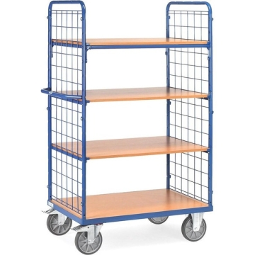 Fetra Etagenwagen mit 4 Böden und 2 Drahtgitterwänden Tragkraft 600 kg Ladefläche 1000 x 700 mm Höhe 1800 mm RAL 5007 Brillantblau